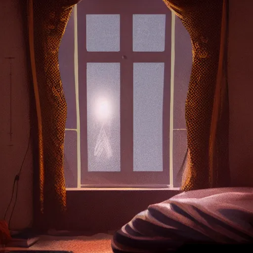 Prompt: on a rainy day, someone sits in bed, curled up under the covers, looking out the window, cinematic, artstation, extremely detailed, intricate, cinematic lighting