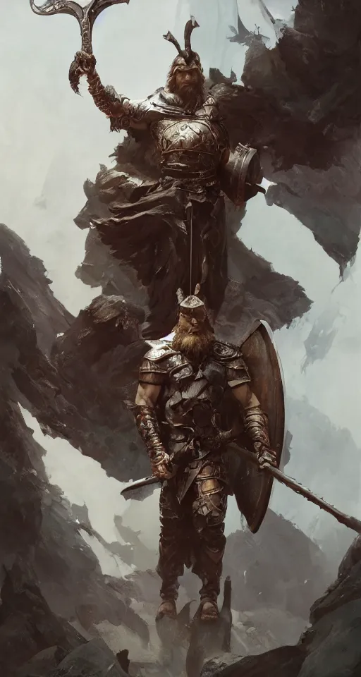 Prompt: the hero viking stands triumphantly as he enters the majestic gates of valhalla, highly detailed, digital painting, artstation, smooth, sharp focus, masterpiece, stunning concept art by ruan jia and jakub rebelka and artgerm and greg rutkowski and ralph mcquarrie and android jones and mucha