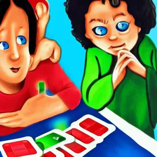 Image similar to jesus child playing uno with devil child, cute art work