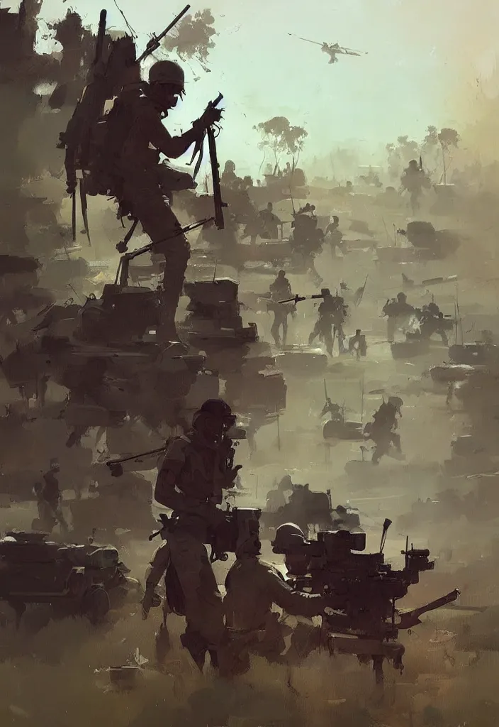 Prompt: ismail inceoglu painting of the vietnam war, painting, art concept for a book cover, trending on artstation, by greg manchess and by craig mullins and by kilian eng and by jake parker