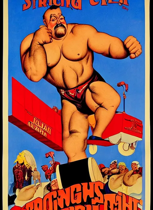 Image similar to poster for circus strongman. portrait by clyde caldwell and jean giraud and anton otto fischer and john philip falter and will eisner and gil elvgren