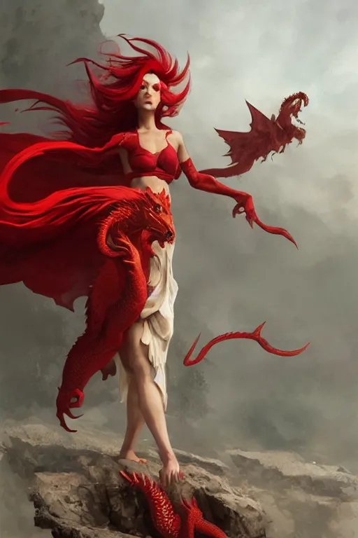 Prompt: Red hair woman in a sundress with a red dragon ,by Greg Rutkowski, Ruan Jia, Kentaro Miura, Artgerm