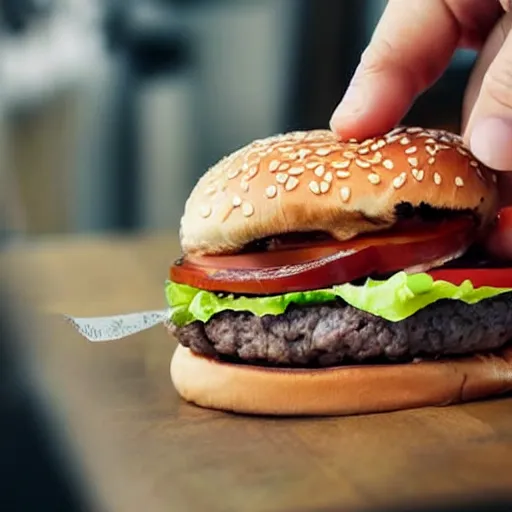 Image similar to a woman sewing human eyes onto a burger, 4 k, hyper realistic,