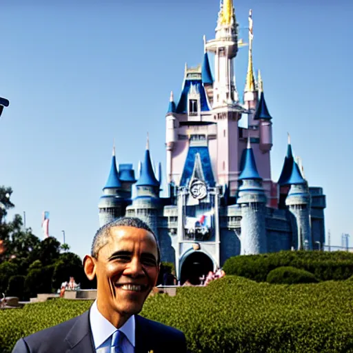 Prompt: barack obama takes a selfie in front of the disney world castle