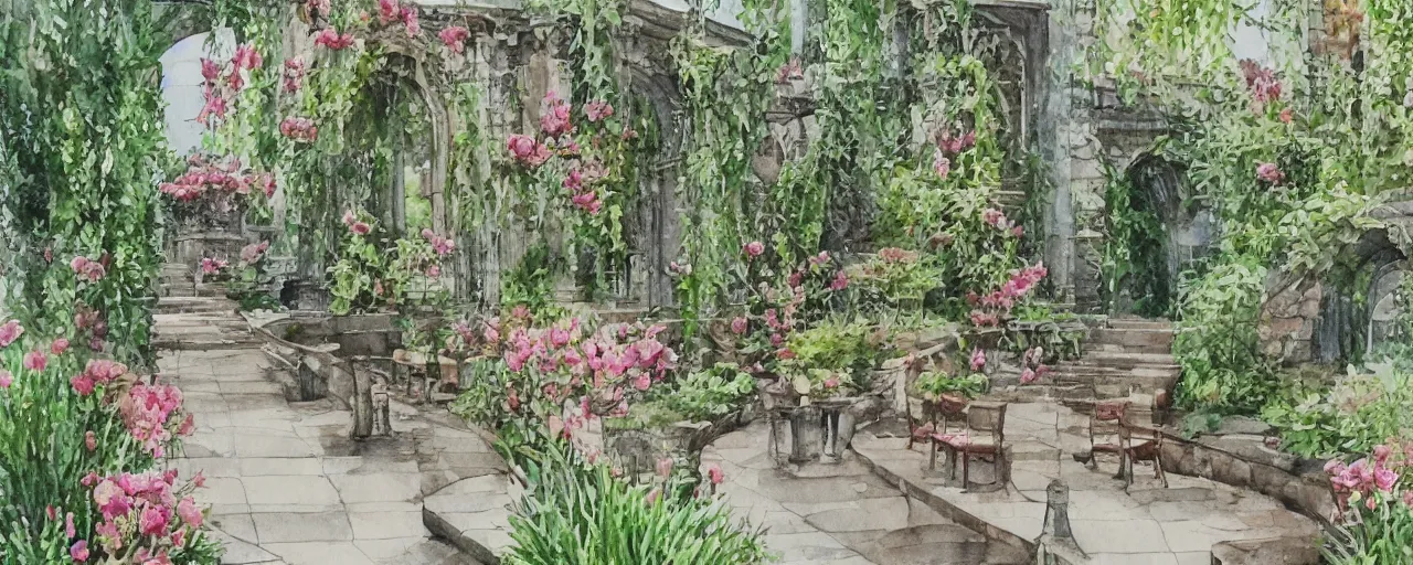 Image similar to isomeric view, stairway, chairs, delicate water in a botanic garden, garden road, sparrows, temple in a botanical herbarium paper, watercolor colored painting, iridescent colors, 8 k, realistic shaded, fine details, artstation, italian style, colonnade, huge flowers, architecture