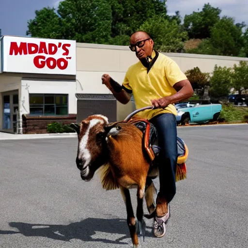 Prompt: Photo of Gus Fring riding his pet goat through the McDonald's drive thru, taken with Canon EOS 5D.