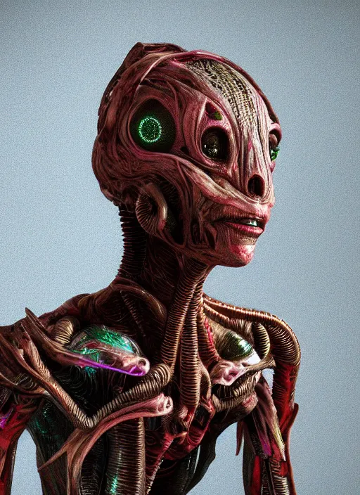 Prompt: alien woman, clothes made out of flower, rgb, cables everywhere, bedroom, ultra realistic, concept art, intricate details, highly detailed, photorealistic, octane render, 8 k