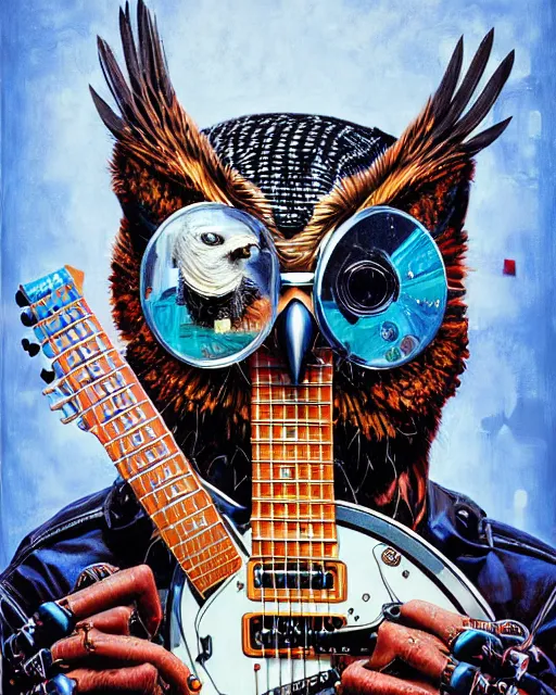 Image similar to a portrait of an anthropomorphic cyberpunk owl shredding an electric guitar by sandra chevrier, by jon foster, detailed render, tape deck, epic composition, cybernetics, 4 k realistic, cryengine, realistic shaded lighting, sharp focus, masterpiece, by enki bilal