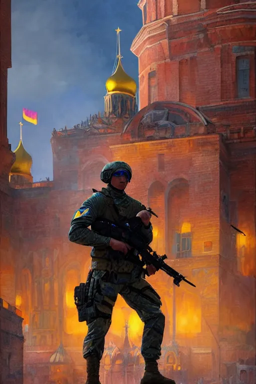 Image similar to special forces soldier installin ukrainian blue and yellow flag on red square kremlin, masculine figure, d & d, fantasy, bright atmosphere, volumetric lights, intricate, elegant, extremely detailed, digital painting, artstation, concept art, matte, smooth, sharp focus, hyper realistic, illustration, art by artgerm and greg rutkowski and alphonse mucha