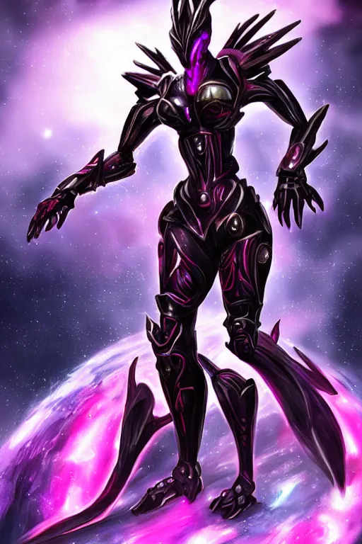 Prompt: galactic hyperdetailed elegant beautiful stunning exquisite giantess anthropomorphic sexy hot mecha female dragon goddess, sharp spines, sharp metal ears, red eyes, sleek pink skin, sharp black armor, bigger than galaxy, epic proportions, epic scale, epic size, warframe fanart, furry, dragon art, goddess, giantess, furaffinity, octane