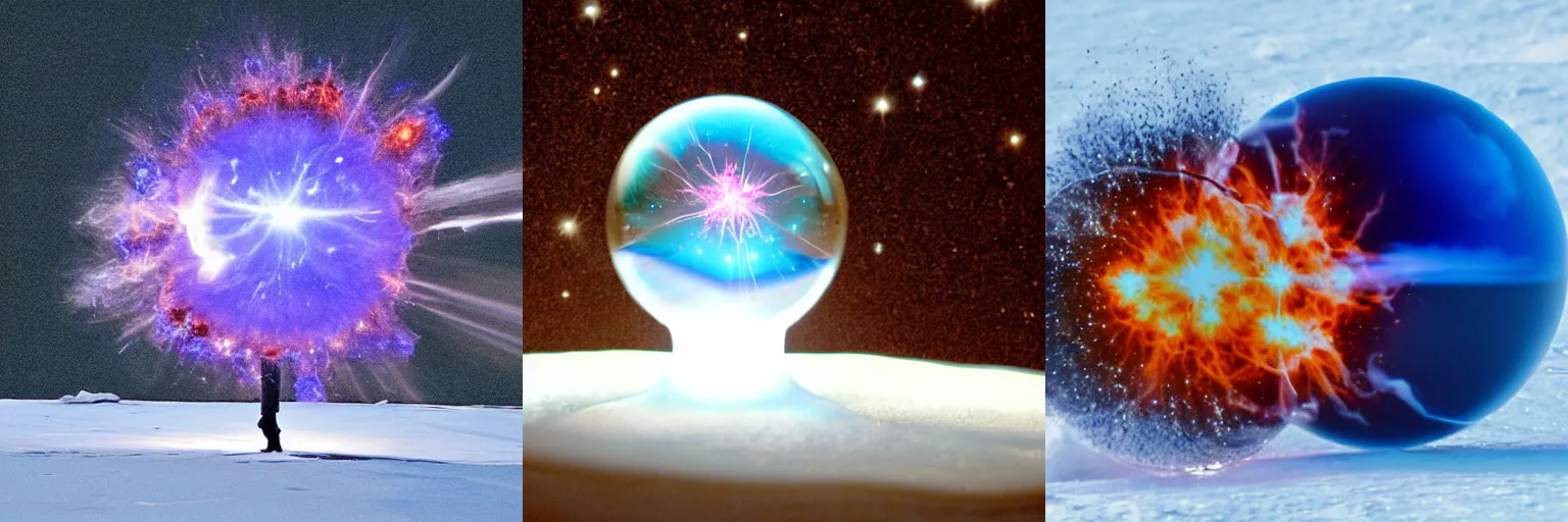 Prompt: Blowing Supernova in glass sphere on ice