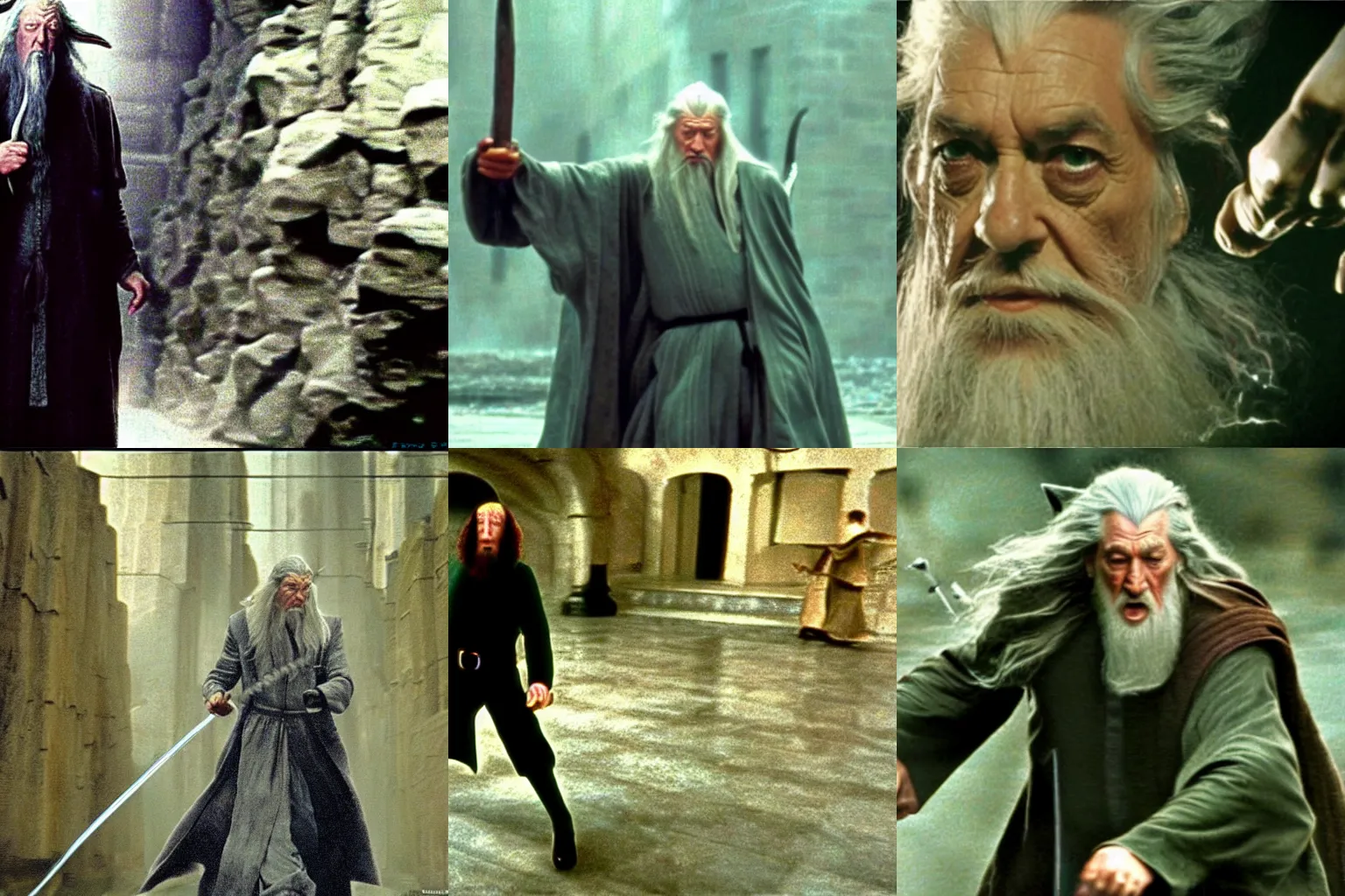 Prompt: gandalf dodging bullets in slow motion 3 6 0 shot in the matrix 1 9 9 9