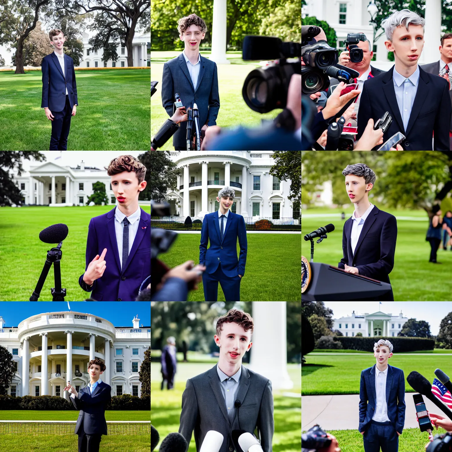 Prompt: headshot of Troye Sivan as the president of the united states speaking to reporters on the white house lawn, EOS-1D, f/1.4, ISO 200, 1/160s, 8K, RAW, unedited, symmetrical balance, in-frame, Photoshop, Nvidia, Topaz AI