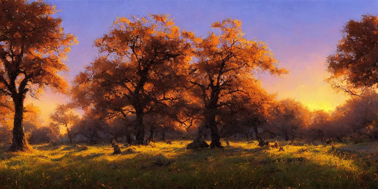 Prompt: a beautiful, stunning landscape with giant oak and alder trees in spring during sunset by craig mullins