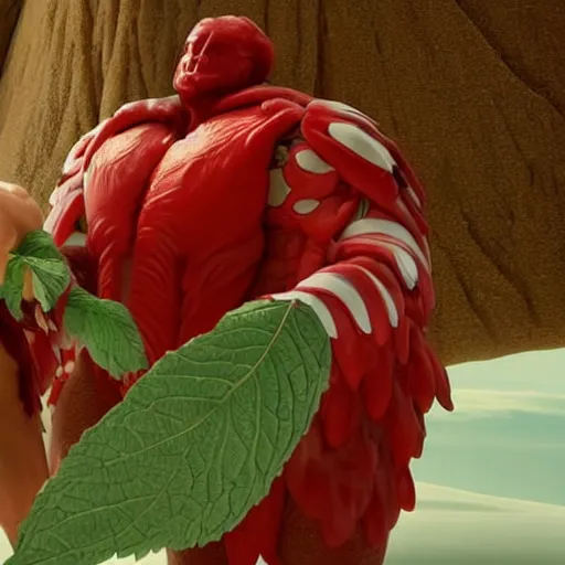 Image similar to a male humanoid giant has skin that looks like red and white hard candy, the giant is wearing a peppermint armor and his back has wings made of mint leaves, the giant has a christmas present in his hand, cinematic dune movie still