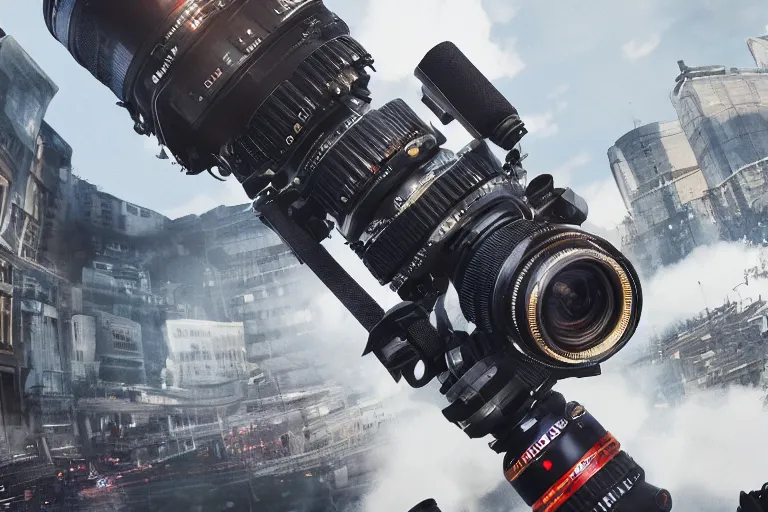 Image similar to a reporter shots himself on a camera, hypermaximalistic, high details, cinematic, 8k resolution, beautiful detailed, insanely intricate details, artstation trending, octane render, unreal engine