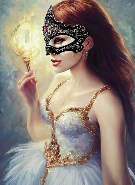 Image similar to a beautiful woman wearing an elaborate masquerade mask and ballgown, looking at the viewer with an alluring expression. painting by artgerm and magali villanueve