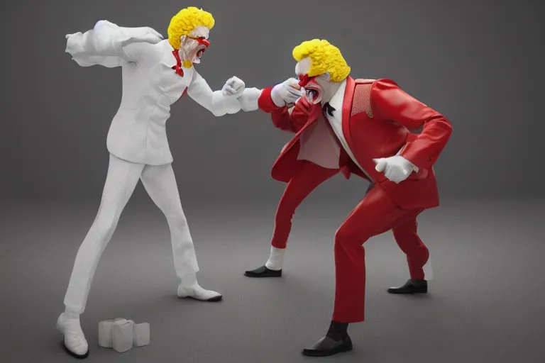 Prompt: ronald macdonald fighting colonel sanders, hyper real, 8 k, octane render, vivid, bright, photo realistic