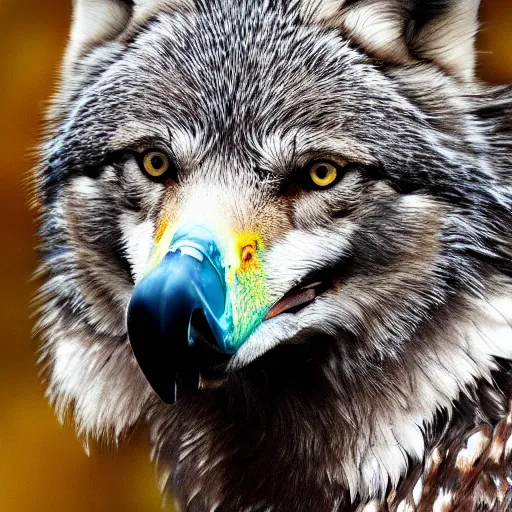 Prompt: a wolf eagle!!! hybrid! bold natural colors, masterpiece, trending on artstation, photograph, national geographic, wildlife photographer of the year