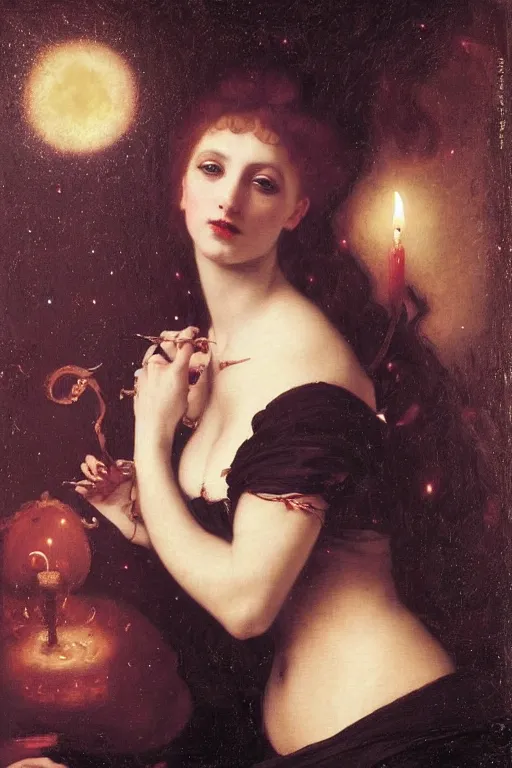 Image similar to a renaissance oil painting by alma tadema of demonic beautiful vampire woman mistress of death mourning widow in cosmos, cloudy nebula background, faint smile dark lipstick, hair bun, dark lit candles, colourful pastel trending artstation, detailed portrait academic bouguereau caravaggio high shadow contrast medium shot, rococo frame