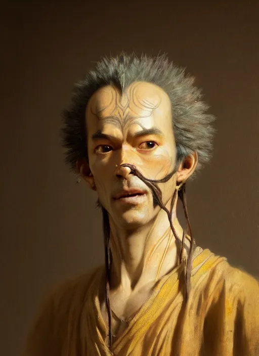 Image similar to a beautiful closeup shot from a fantasy film of a humanoid linsang wearing a loose tunic. an anthropomorphic linsang. portrait. joseph ducreux, greg rutkowski.