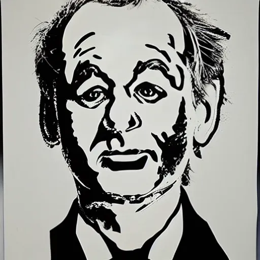 Prompt: bill murray in a suit and tie with a creepy face, a screenprint by warhol, reddit contest winner, antipodeans, hellish, anaglyph filter, hellish background