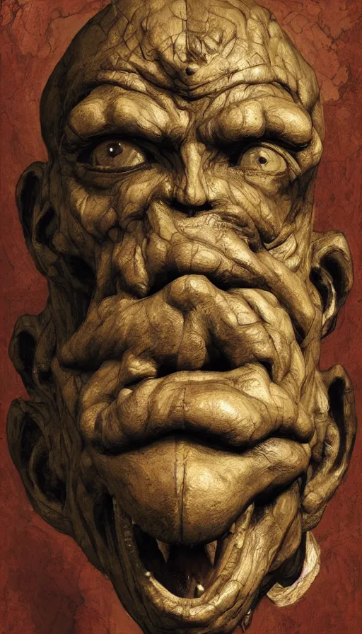 Image similar to wooden gargoyle face forward, looking in the camera, paint texture, digital painting, highly detailed, artstation, sharp focus, sunlit, painted by ruan jia, raymond swanland, lawrence alma tadema, zdzislaw beksinski, norman rockwell, jack kirby, tom lovell, alex malveda, greg staples