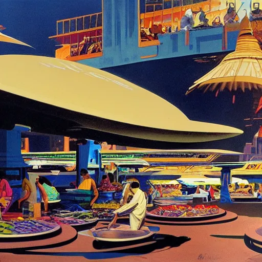 Image similar to a syd mead painting of a futuristic indian market with spaceship in the far back