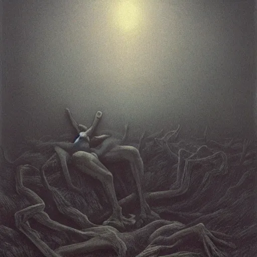 Image similar to disaster illustration, zdzisław beksinski, dark cinematic atmosphere, nightmare