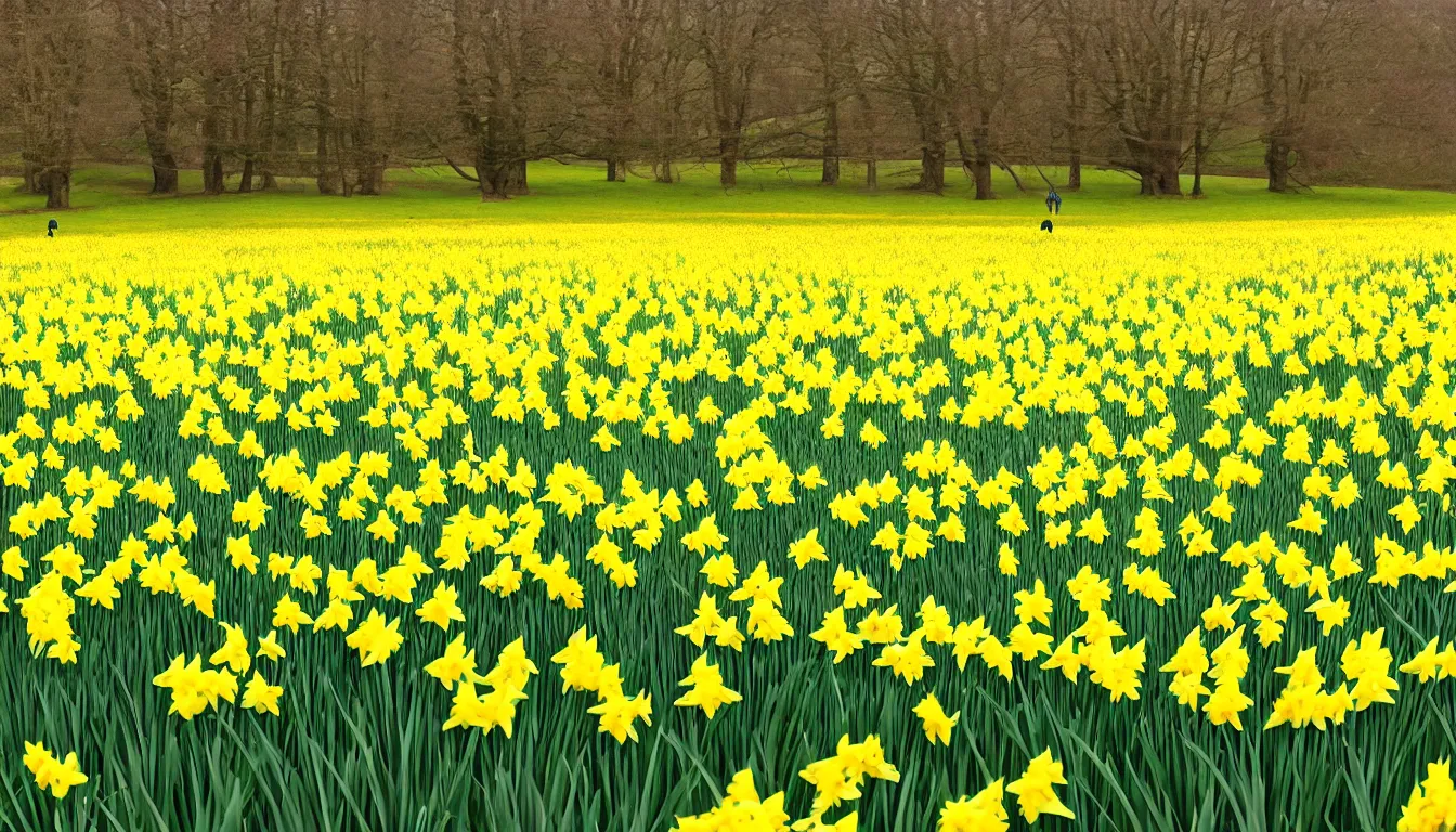 Image similar to i wandered lonely as a cloud that floats on high o'er vales and hills, when all at once i saw a crowd, a host, of golden daffodils ; beside the lake, beneath the trees, fluttering and dancing in the breeze