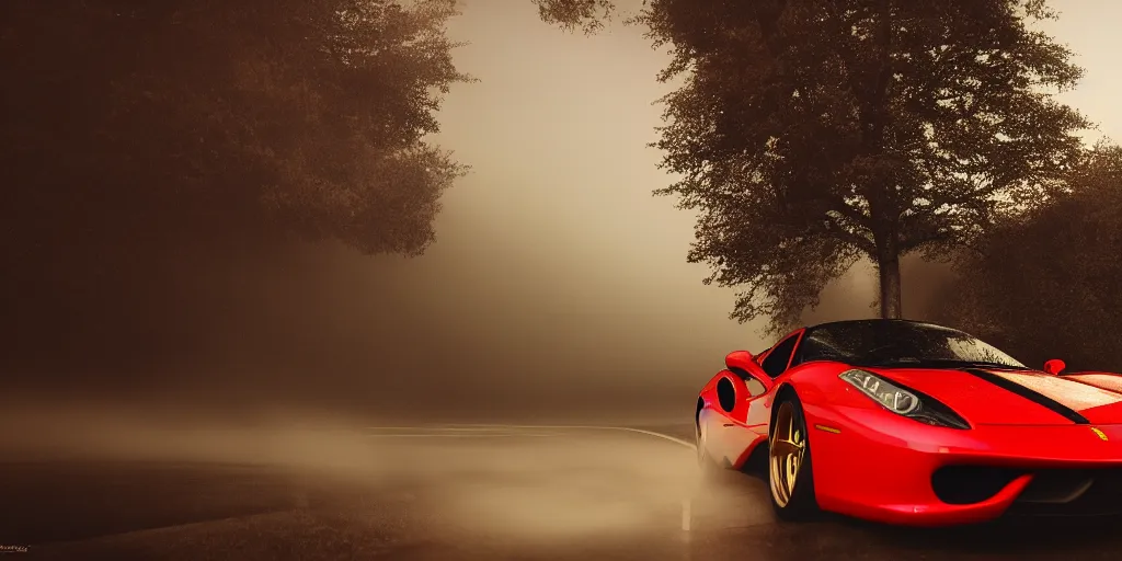 Prompt: parked red Ferrari sports car, fog, rain, volumetric lighting, beautiful, golden hour, sharp focus, highly detailed, cgsociety