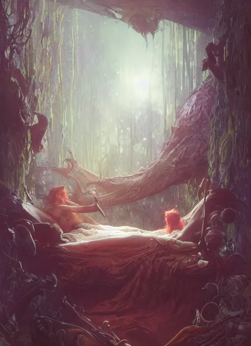 Prompt: my bed is a forest with a giant cthulhu eyes in the dark by gaston bussiere, anna nikonova aka newmilky, greg rutkowski, yoji shinkawa, yoshitaka amano, moebius, donato giancola, geoffroy thoorens, trending on artstation, featured on pixiv, cinematic composition