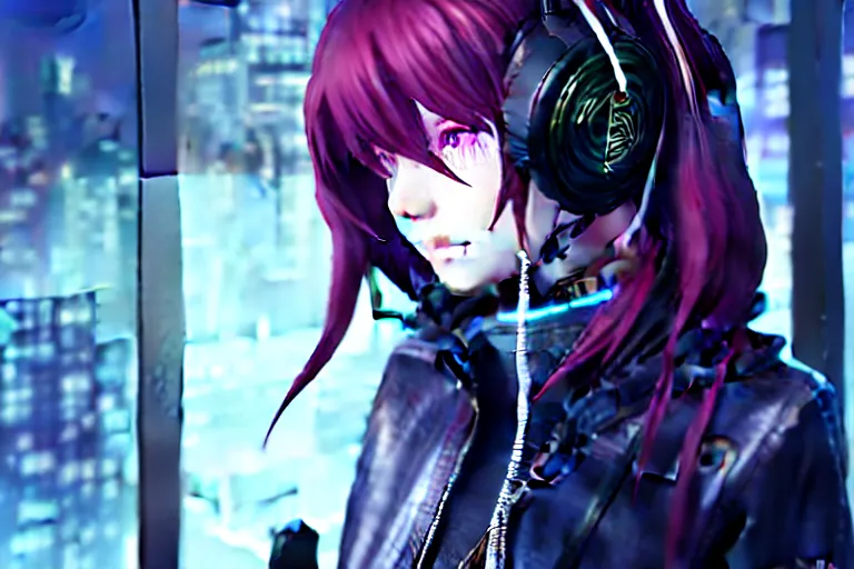 Image similar to a girl with headphones is looking at a rainy window in the style of a code vein character creation, cyberpunk art by Yuumei, cg society contest winner, rayonism light effects and bokeh, daz3d, vaporwave, deviantart hd