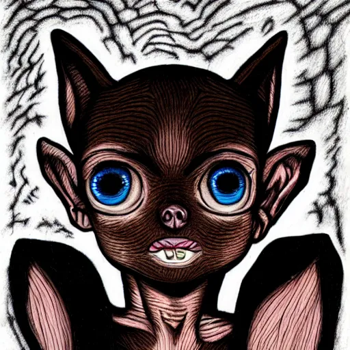 Image similar to a dark brown humanoid chihuahua, hyper detailed, in the style of junji ito and and junji ito and junji ito, selfie