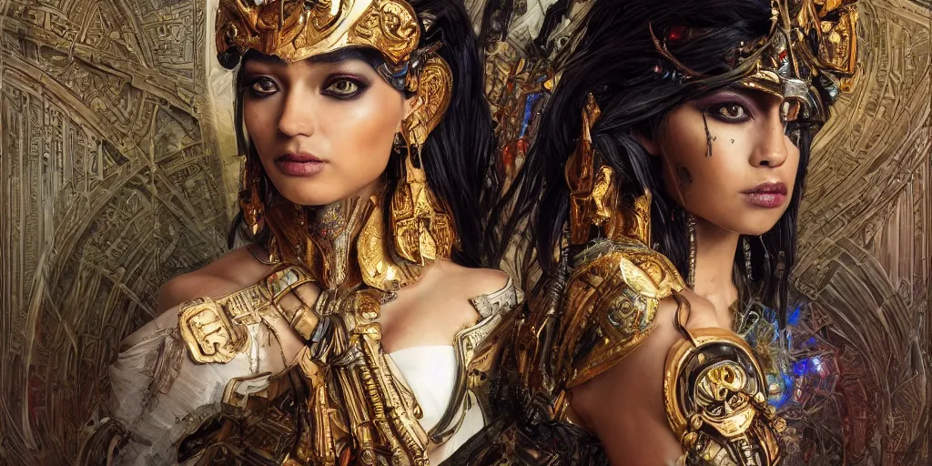 Image similar to HDR portrait photography mirror of The Utopian Benevolent Cyborg Queen and The Underworld Evil Cyborg King, Coherent portraits, ethnic fantasy, intricate, elegant, highly detailed, African, Egyptian, digital painting, trending on ArtStation, HDR photo, smooth, sharp focus, illustration, art by artgerm and greg rutkowski and alphonse mucha