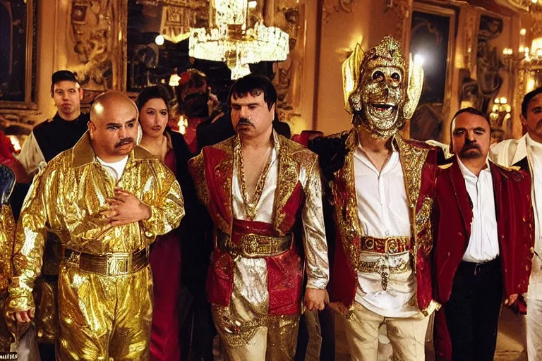 Image similar to el chapo is a genie standing in the middle of a grandiose mexican mansion. everything is made out of gold. the mansion is incredible and ornate. chapo has a clockwork chain. there are princesses and queens everywhere around him because they love him. wearing a genie costume. lovely scene of a genie being a pimp