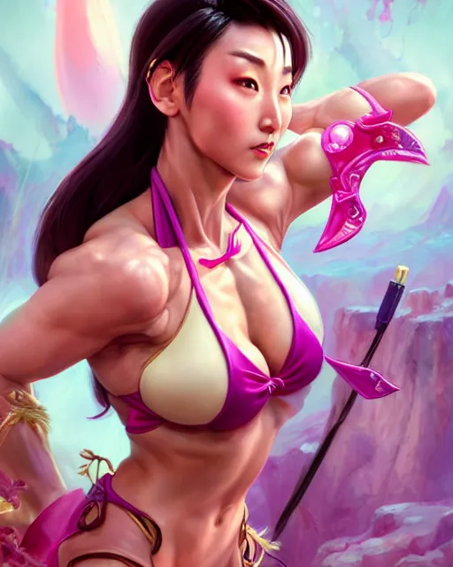 Image similar to play of the game of chun li wearing pink bikini, perfect face, brown hair, abs, cinematic, stunning, cute, adorable, strong, highly detailed, psychedelic, digital painting, artstation, smooth, hard focus, illustration, art by jessica rossier and and brian froud