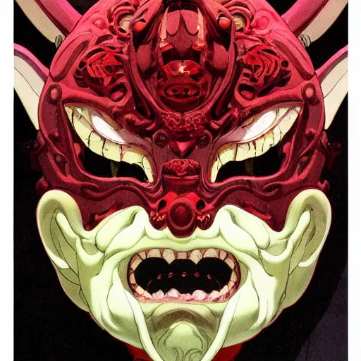 Image similar to prompt : demon mask character portrait soft light painted by james jean and katsuhiro otomo and erik jones, inspired by evangeleon anime, smooth face feature, intricate oil painting, high detail illustration, sharp high detail, manga and anime 1 9 9 9