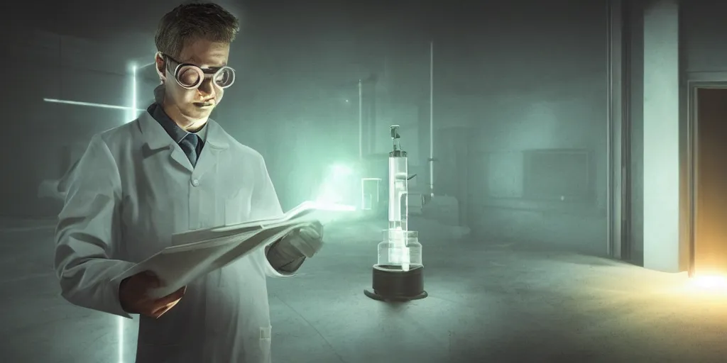 Image similar to scientist is holding a folder, he is in shock, dark building, the folder glows and lights up his face, professional lighting, 3 d digital modeling, movie scene, concept art, detailed art,