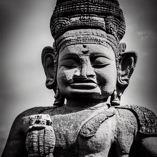 Image similar to angkor, asuras giant yaksha statues, front full body standing, holding snakes, photorealistic, photography hight quality, sharp, stones, award winning photography, canon, thierry rouzier