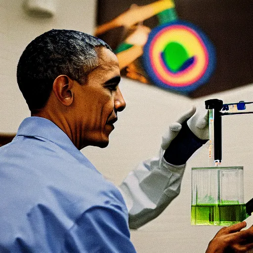 Prompt: a photograph of barack obama wearing a lab coat injecting a frog with a rainbow in a syringe