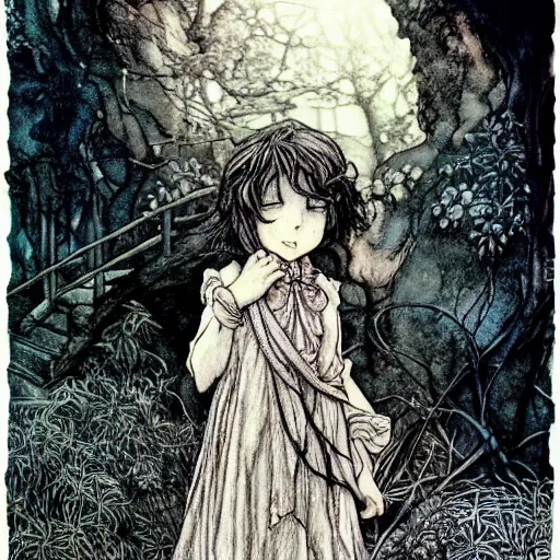 Image similar to photo of a cute young anime-style girl in the style of Arthur Rackham, realistic, wide focus, 8k ultra, insanely detailed, intricate, elegant, art by Laurie Lipton, digital art by James Clyne, art by Steve Hanks