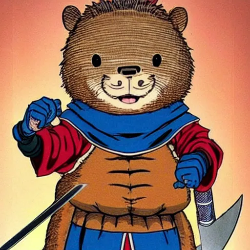 Prompt: Akira Toriyama’s original design for the beloved anthropomorphic beaver, who is also a medieval holy crusader knight, holding enormous sword