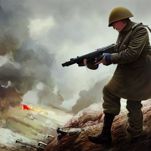 Image similar to putin vladimir fires a firearm in the trenches in the war, colorful, contrast, 3 d scene, greg rutkowski, zabrocki, karlkka, jayson devadas, trending on artstation, 8 k, ultra wide angle, zenith view, pincushion lens effect