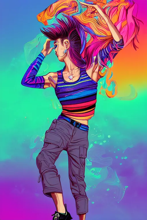 Image similar to a award winning half body portrait of a beautiful woman with stunning eyes in a printed croptop and cargo pants with rainbow colored ombre hairstyle head in motion and hair flying by josan gonzales, outrun, vaporware, shaded flat illustration, digital art, trending on artstation, highly detailed, fine detail, intricate