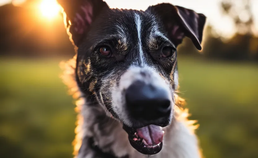 Image similar to portrait of a happy dog, natural light, lens flare, detailed face, cinematic lighting, 8 k