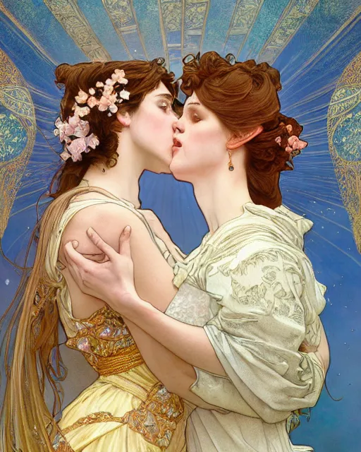 Image similar to the kiss | highly detailed | very intricate | art nouveau | gold filigree | romantic storybook fantasy | soft cinematic lighting | award - winning | professional portraiture | disney concept art watercolor illustration by mandy jurgens and alphonse mucha and alena aenami | pastel color palette | featured on artstation