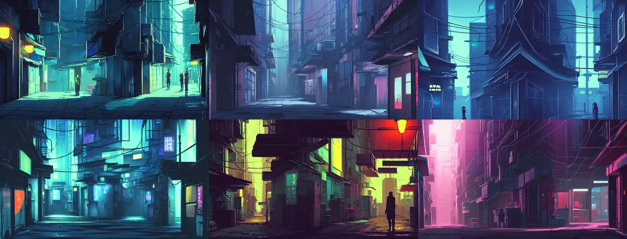 Prompt: gouache matte background painting close up of a city alleyway in the atmospheric cyberpunk anime film, neon noir, at night with lights, by makoto shinkai, in the anime series ergo proxy