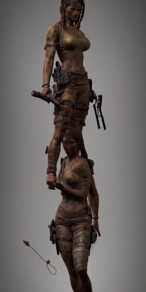 Prompt: detailed photo of an old bronze patina full body statue of a beautiful lara croft, photorealism, intricate detail, museum diffuse lighting