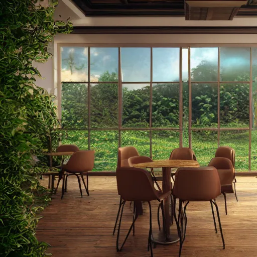 Prompt: realistic coffee shop render, octane render, god rays, cinematic, with plants, nature on the background, intricate, high detail, photorealistic photography